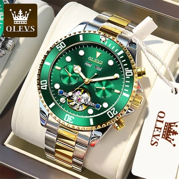 OLEVS Модни Зелени Автоматични Механични Часовници Мъжки Модерен Часовник с Турбийоном от Неръждаема Стомана Водоустойчив Светещи Стрелки