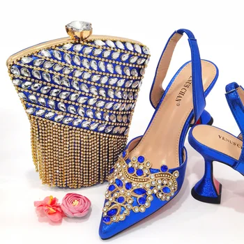 Нови елегантни обувки и чанта синьо в африканския стил, комплект с тон, вечерни обувки и чанта на висок ток в нигерия стил, комплект за сватбена рокля