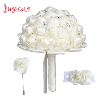 WifeLai -Букет от слонова кост, с бриллиантовыми свадебными корсажами и бутоньерками, набор от сватбени букети от копринени цветя на китката