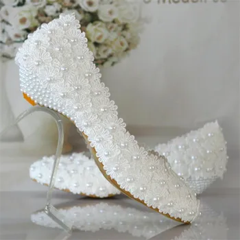 дамски обувки-лодка с кристали, сладки бели цветя, дантелени обувки на танкетке, перлени сватбени обувки