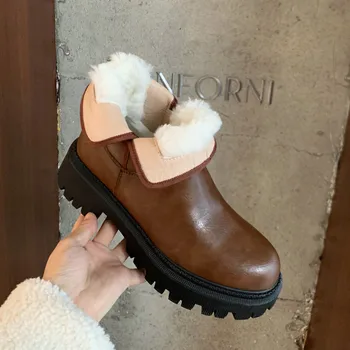 2022 Есенно-зимни дамски ботильоны от естествена кожа 22-24,5 см, горната част от телешка кожа, вълна интегрирани зимни обувки, дебели топли обувки