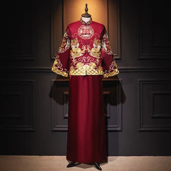 2022 Традиционната Китайска Облекло за Мъже Red, Плюс Размера на Xiuhe Бродирана през Цялата Деколте с Дълги Ръкави Винтажное Сватбена Рокля Комплект