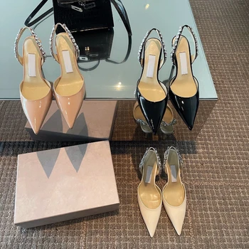2022 г. Пролетни нови дамски сандали на висок ток с ярко остър пръсти на висок ток с кристали и каишка отзад Дамски обувки