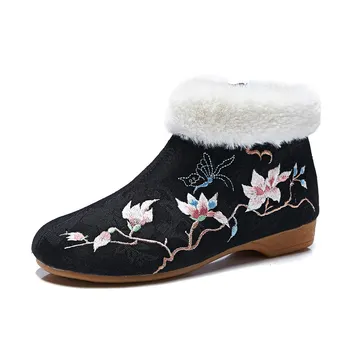 YourSeason/Дамски Парусиновая обувки на плоска подметка с цветна бродерия в ретро стил, удобни дамски Зимни Черни Ботильоны на меху, Големи Размери