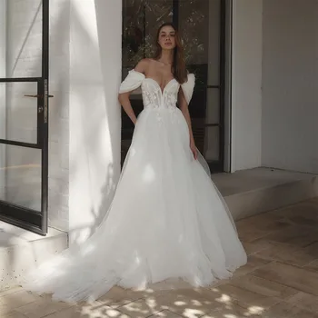 Сватбени рокли Sevintage в стил бохо, Дантелени Апликации, 3D Цветя, Сватбена рокля Трапецовидна форма с V-образно деколте и открити рамене, Модерна сватбена рокля 2022