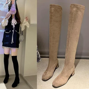 2021 г., нови модни зимни ботуши над коляното от еластична тъкан, женски пикантен дамски обувки на плоска подметка с висока берцем и шнур, дълги