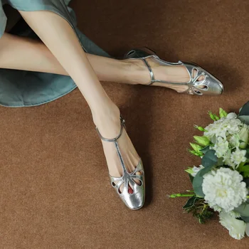 Дамски обувки с кръгло Бомбе и Ключалката, Жените Просто обувки на равна подметка за Всеки Ден, Пролетен дамски обувки Mary Janes от естествена Кожа в Ретро стил