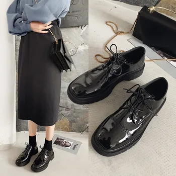 Slaggish Mog/дамски пролетни oxfords в британски стил от изкуствена кожа височина 3 см на квадратен ток, базова обувки, Однотонная обувки дантела