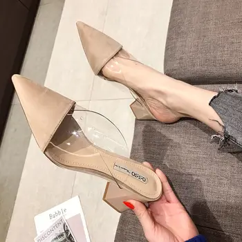 Дамски сандали, новост 2021 г., универсална дамски обувки в корейски стил, модни дамски римски сандали на висок дебел ток с остър пръсти