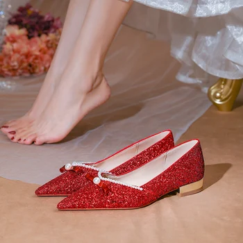 Сватбени Обувки на равна подметка За Бременни, Удобни и Безопасни Сватбени Обувки на равна Подметка, Червени Обувки с Лък под формата на Круши, Стъклени Обувки На Нисък Ток В Китайски Стил