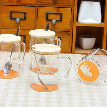 Креативни стъклени Прозрачни Чаши за мляко за закуска с капак и лъжица, JSF-Cups-053