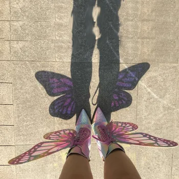 Bling Bling Големи Крила На Пеперуда Обувки На Дантела-Женски Цветни Преливащи Пайети Ботильоны На Тънък Висок Ток, Ботуши На Гладиатори