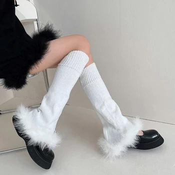 Дамски Зимни Плетени Разкроена Чорапи За Краката С Кожа Плюшено Подолом До Коляното, Калъф За Краката