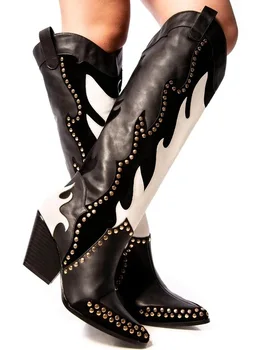 Стръмни лоскутные слипоны в стил пънк, ботуши до коляното, дамски дълги зимни ботуши с остри пръсти и нитове, които са украсени с женски обувки в масивна ток