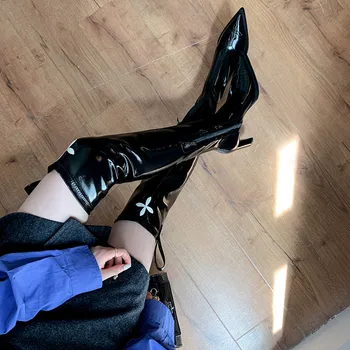 MKKHOU/Модни дамски ботуши над коляното, Нови Висококачествени обувки от естествена кожа с остри пръсти на висок ток 8 см, плътно прилепнали разтеглив модерни обувки