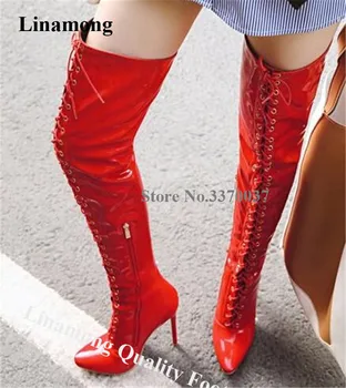 Linamong/ Женски Пикантни ботуши над коляното от лачена кожа на висок ток, Лъскави, Червени, черни, Дантела, Дълги Ботуши на Висок ток, Модел обувки