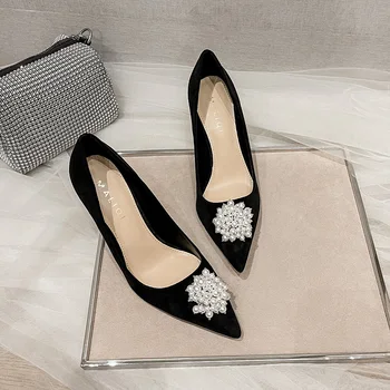Пролет-лято нови черни велурени фини обувки с остър перли и кристали на тънък висок ток, банкет рокля, универсална дамски обувки