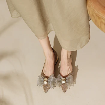 Блестящ дамски официални обувки без закопчалка На нисък ток с лък-пеперуда, женски обувки-лодка с остри Пръсти, основен Стил, Мила Пролет ежедневни Обувки За момичета