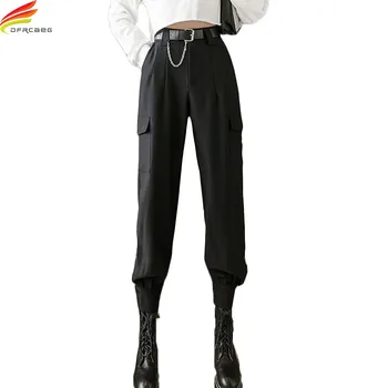 DFRCAEG 2022 Пролетта Панталони-карго Дамски Колан Корейската Мода Висока Талия Джобове с Дължина До Глезена Универсални Черни Панталони Цвят Каки Сив