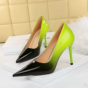Дамски Модни Обувки Смесени Цветове На Устойчив Тънък Ток За Нощен Клубната Парти С Широки Пръсти и Дълги Пръсти Зелен Цвят Каки Zapatos Tacco Mujer