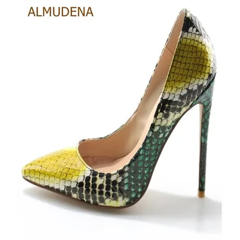 ALMUDENA/женски пикантни зелени/жълти лоскутные банкетни обувки от змийска кожа, в стил мозайка, обувки-лодка с остри пръсти, обувки на известни Личности от Питон на ток 12 см