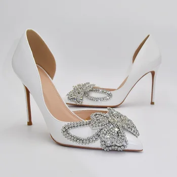 Пролет-лято нови сватбени обувки за булката от изкуствена кожа с кристали и бяла папийонка на тънък висок ток, банкет рокля, голяма дамски обувки
