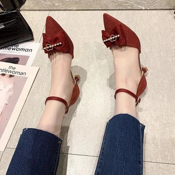 2022 г. Пролет-лято нови сандали Дамски универсални обувки на високи токчета Женски едностранно фини обувки с остър пръсти на тънък ток Сладки