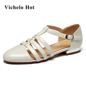 Vichelo/ летни цветни летни сандали на ниско обувки от телешка кожа, с кръгли пръсти и изкривени, ориенталски кухи декорации, празнични плажни сандали L09