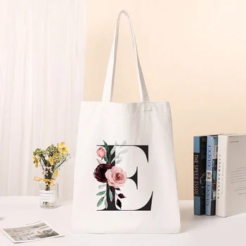 Модерна чанта за рамо с бели флорални принтом и букви A-Z, дамски голям Холщовая универсална чанта, Дамска чанта за пазаруване