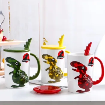 3D Динозавър Керамична Чаша За Вода Сладък Карикатура Творчески Чаши С Животни Голям Капацитет За Закуска, Кафе, Капак, Лъжица, Чаша, Кана, Посуда За Напитки