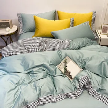 Лесен луксозен комплект спално бельо от памук с дълъг штапелем, Чаршаф, Комплект от четири обекта, подходящи по цвят, Висококачествено памучно спално бельо в скандинавски стил