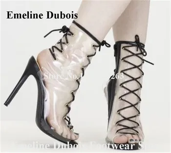 Пикантни къси ботуши от PVC Emeline Dubois с отворени Пръсти, Прозрачни Ботильоны на висок ток, модел обувки на висок ток с шнур