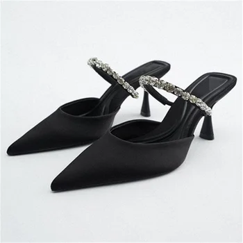 Черни дамски обувки на висок ток, пролетно Нова дамски обувки, обувки-лодка на висок ток с остър пръсти, сатенени обувки-лодка с кристали и пайети