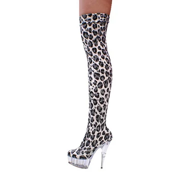 Дамски зимни ботуши до бедрото, с леопардовым принтом, Пикантни обувки на платформа и висок ток 15 см, есенни ботуши над коляното на дебела подметка WB1410
