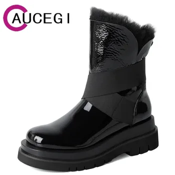 Aucegi/зимни дамски Зимни Ботильоны с кръгло бомбе, топли плюшени обувки 2022 година, черни, Златни, На равна платформа, дамски Ежедневни обувки, без закопчалка