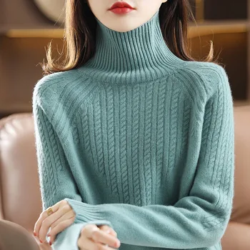 Висока яка, осем цвята, половината от тялото, обрат, всекидневни вязаный пуловер, 100% вълна вязаный женски голям универсален пуловер winter2021