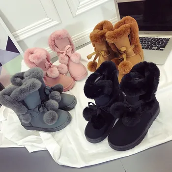 Нови Зимни Зимни обувки; Дамски зимни ботуши с пухкава козина със средна дължина; Топли обувки със средна дължина; Памучни ботуши Голям Размер; Дамски обувки