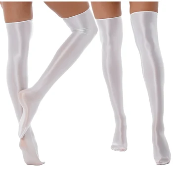 1 Чифт Женски Лъскави Чорапи до бедрото, Обикновена Ластични Чорапи над Коляното, Секси японски Маслени Блестящи Чорапи До Коляното, Високи Чорапи