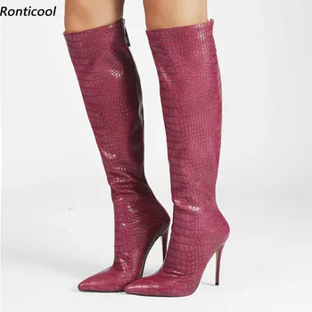 Ronticool/ново записване, дамски ботуши до коляното с цип отзад, на тънък висок ток с остър пръсти, бежово, Червено, лилаво, клубни дамски обувки, размер САЩ 5-15