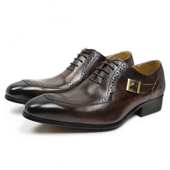 Луксозна кожена мъжки обувки; мъжки ежедневни офис бизнес сватбени обувки кафе цвят с катарама дантела и остри пръсти; оксфордские обувки