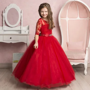 Червени Дантелени Рокли С цветя модел За Момичета, Празнични Рокли За Партита, Нови Модерни Детски Рокли За Първо Причастие с Кръгло деколте и Къс Ръкав