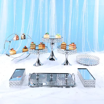 Новоприбывший сребърен кристал набор от каботажните за торта с електрически огледално покритие лицето на сватбена маса моноблок украса на масата инструмент