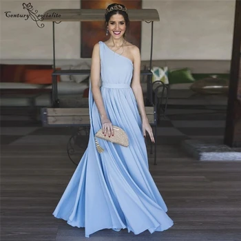 Скай-сини рокли на шаферките, Дълги Шифоновые рокли Трапецовидна форма с Дължина До пода рокля на шаферка на едно Рамо, сватбени рокли за гости 2021
