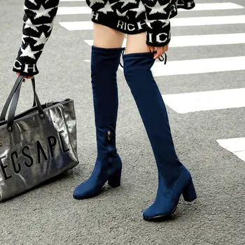 Дамски ботуши от мека еластична тъкан от изкуствен велур на висок блок токчета, дамски топли зимни флисовые ботуши над коляното