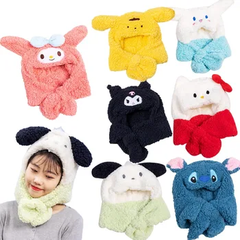 Новата Интегрирана Шапка-Шал Sanrioed Kawaii Hello Kitty Pc Stitch Kuromi Cinnamoroll Зимна Шапка Със Защитата На Ушите, Шал, Комплект За Момиче, Подарък