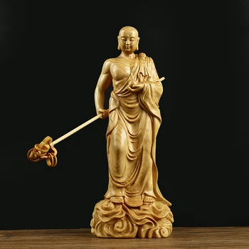 Будистки Кшитигарбха 15 СМ Чемшир Ръчна изработка Дърворезба на Статуетка Китайски фън шуй Тибетски Начало Декор Украса Статуя