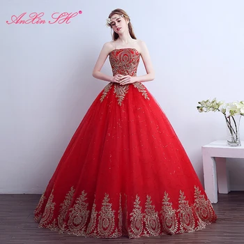 AnXin SH червено дантелено сватбена Рокля на принцеса булка с цветя модел, винтажное златното блестящо луксозно турско червено сватбена рокля без презрамки
