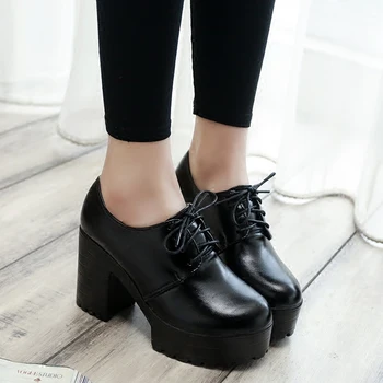 2022 нови дебели обувки на висок ток с дебела подметка; дамски обувки в британския стил; есенни студентски обувки дантела прозорци с кръгла пръсти; дамски ежедневни дамски обувки