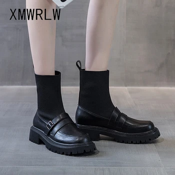 XMWRL/дамски обувки до средата на прасците; Модни възли Вълнени Дамски Слипоны; Дамски Есенно-зимни Обувки; Новост 2021 година; Обувките на Висок ток
