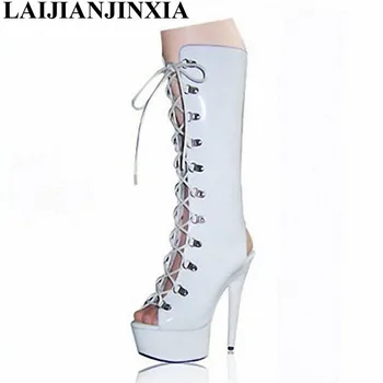 LAIJIANJINXIA/нови модни дамски обувки на висок ток 15 см, до коляното, с отворени пръсти и с ток, дамски обувки дантела, Мотоциклетни ботуши